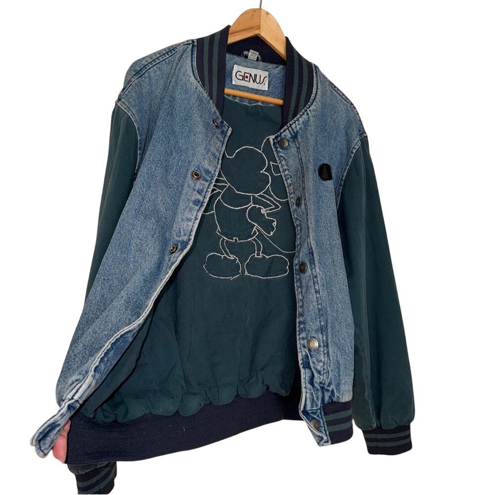 Vintage90s Disney Micky Mouse Denim Blue Green Snap Varsity Jacket Size M — image 4 of 8